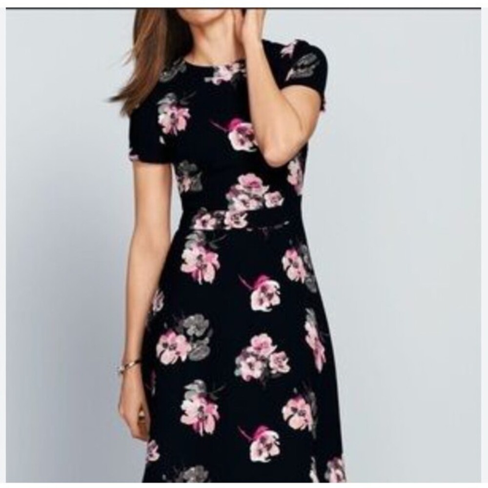 Talbots Dress Womens 12 Black Floral Fit Flare Short Sleeve Casual Short